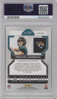 Trevor Lawrence from the 2021 Panini Prizm set featuring a Silver Prizm parallel graded by PSA and given an overall grade of 9.
