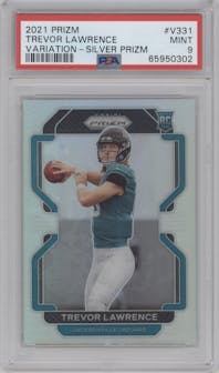 Trevor Lawrence from the 2021 Panini Prizm set featuring a Silver Prizm parallel graded by PSA and given an overall grade of 9.