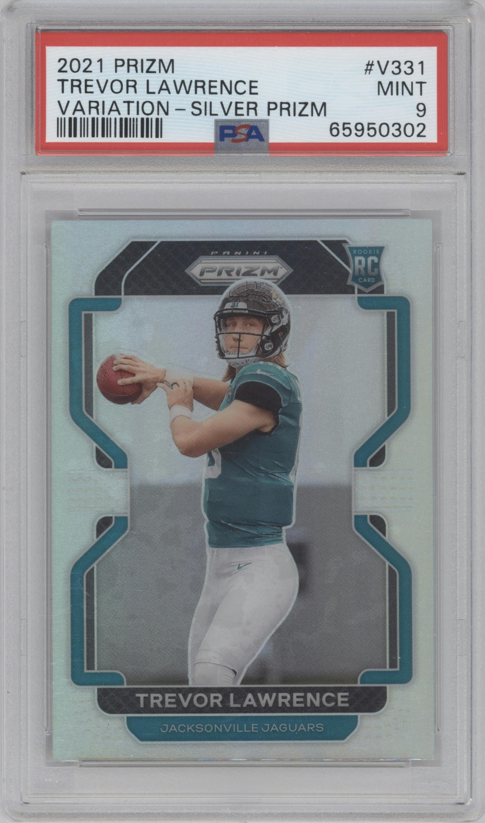Trevor Lawrence from the 2021 Panini Prizm set featuring a Silver Prizm parallel graded by PSA and given an overall grade of 9.