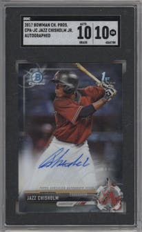 Jazz Chisholm from the 2017 Bowman Chrome set graded by SGC and given an overall grade of 10.