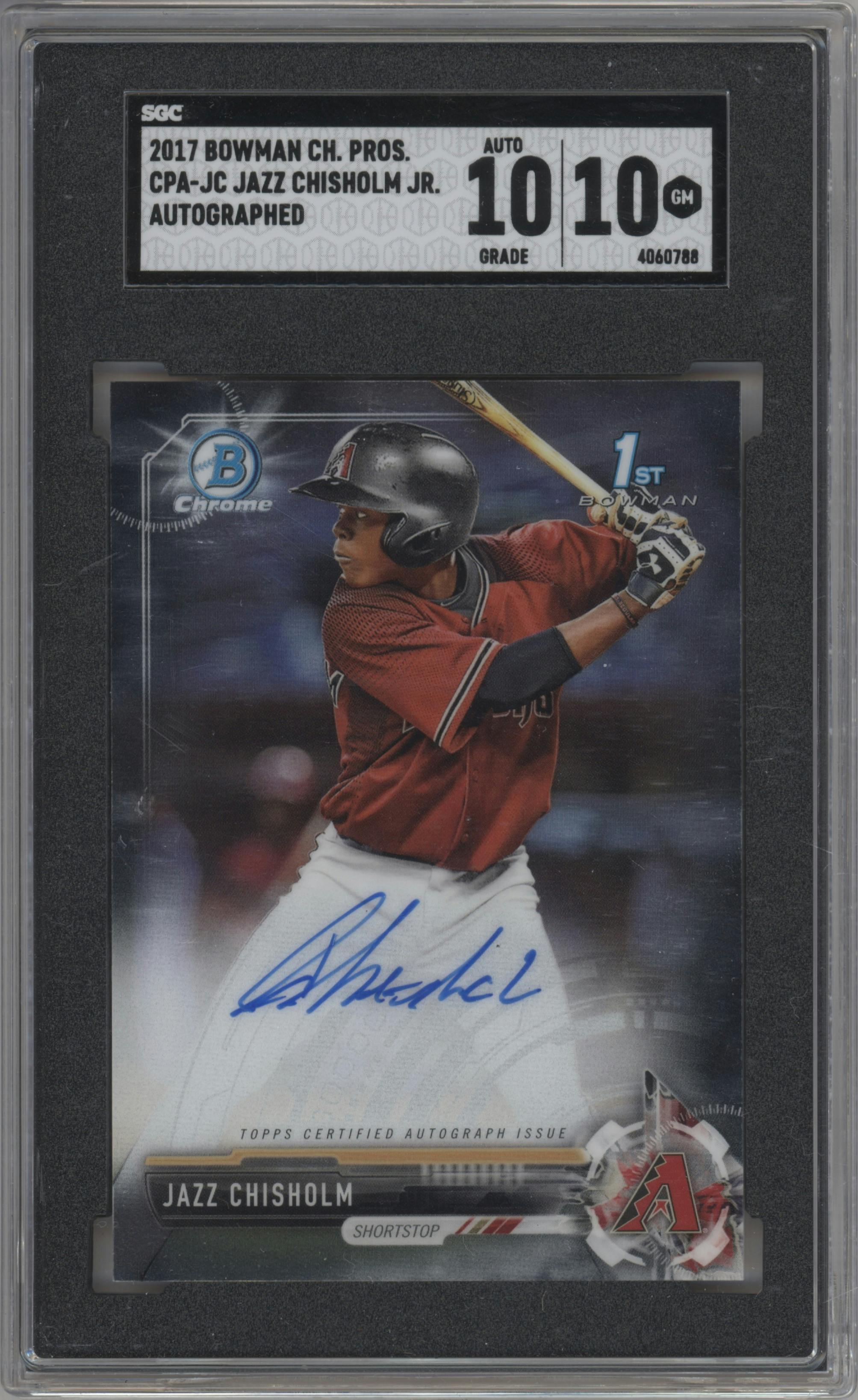 Jazz Chisholm from the 2017 Bowman Chrome set graded by SGC and given an overall grade of 10.