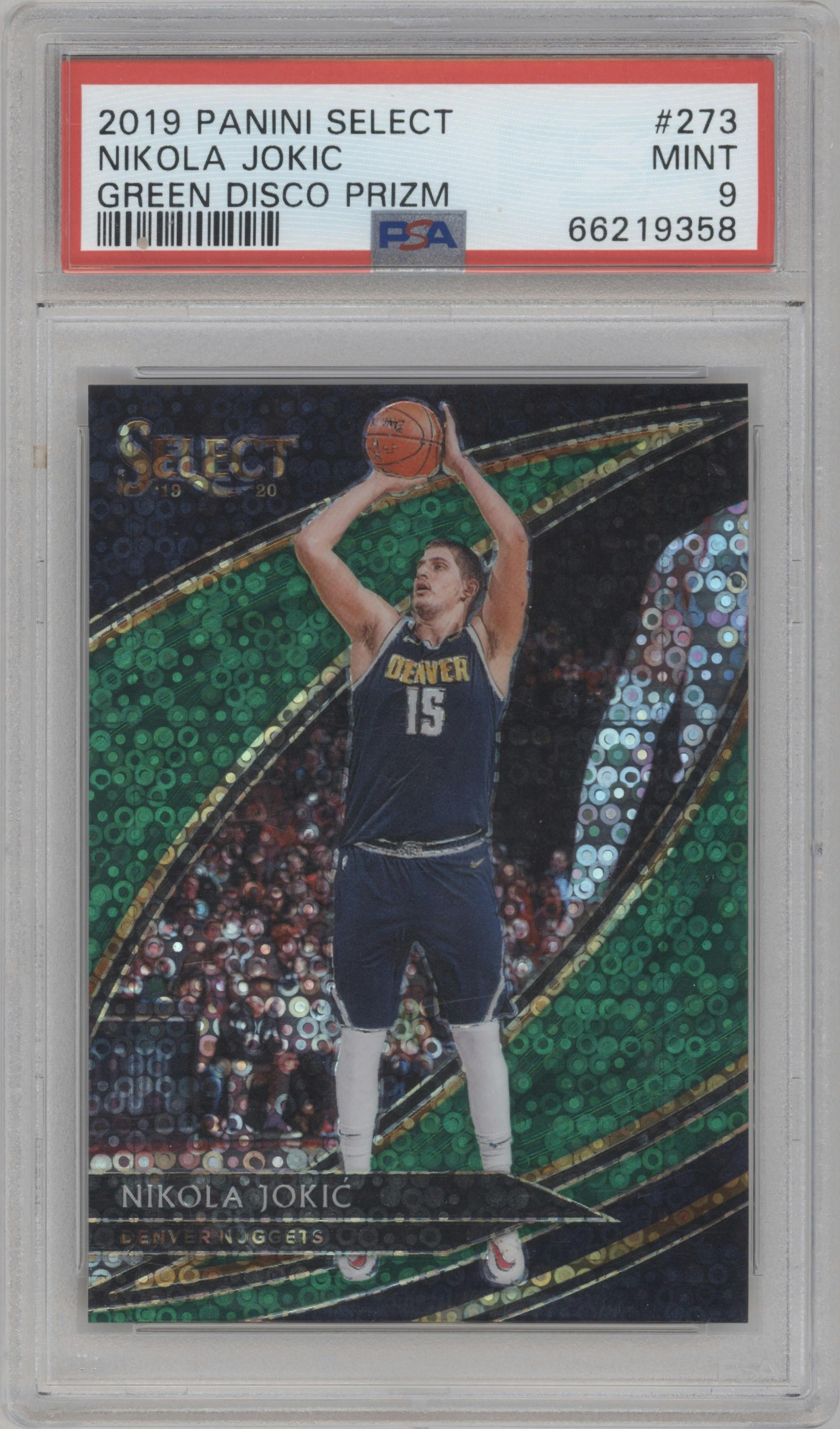 Nikola Jokic from the 2019-20 Panini Select set featuring a Disco Green parallel graded by PSA and given an overall grade of 9.