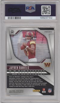 Jayden Daniels from the 2024 Panini Prizm set featuring a Disco parallel graded by PSA and given an overall grade of 10.