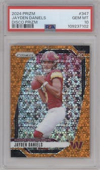 Jayden Daniels from the 2024 Panini Prizm set featuring a Disco parallel graded by PSA and given an overall grade of 10.