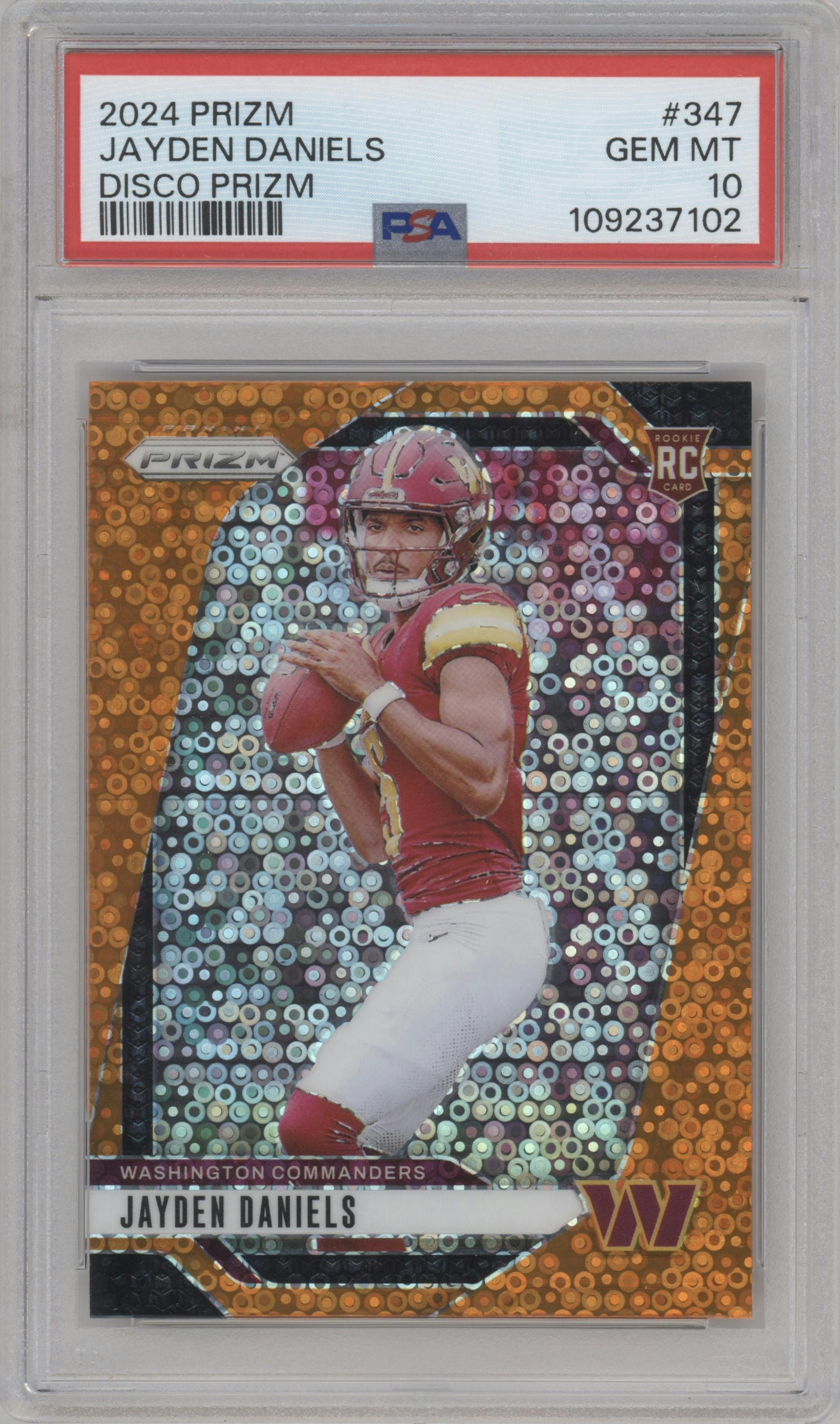 Jayden Daniels from the 2024 Panini Prizm set featuring a Disco parallel graded by PSA and given an overall grade of 10.