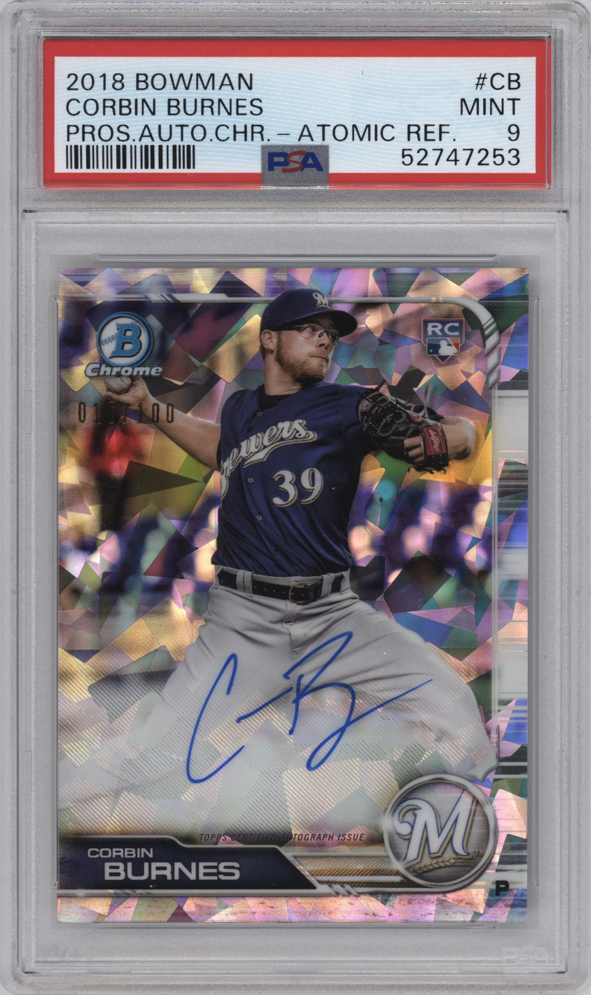 2019 Bowman Chr.Rke.Auto Corbin Burnes Atomic Refractor PSA 9