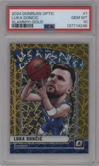 Luka Doncic from the 2024-25 Donruss Optic set featuring a Gold parallel graded by PSA and given an overall grade of 10.