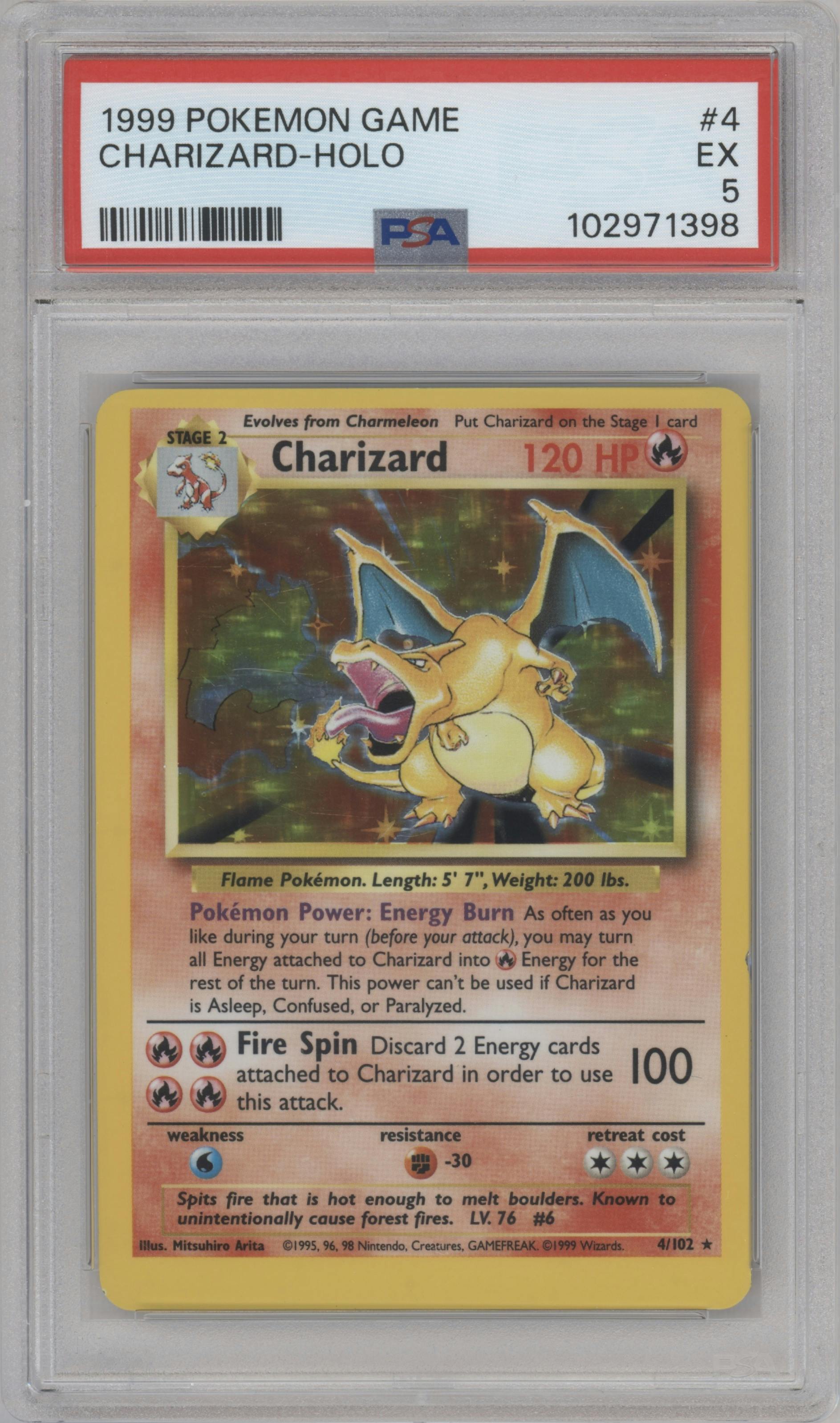 Charizard from the 1999 Pokemon set graded by PSA and given an overall grade of 5.