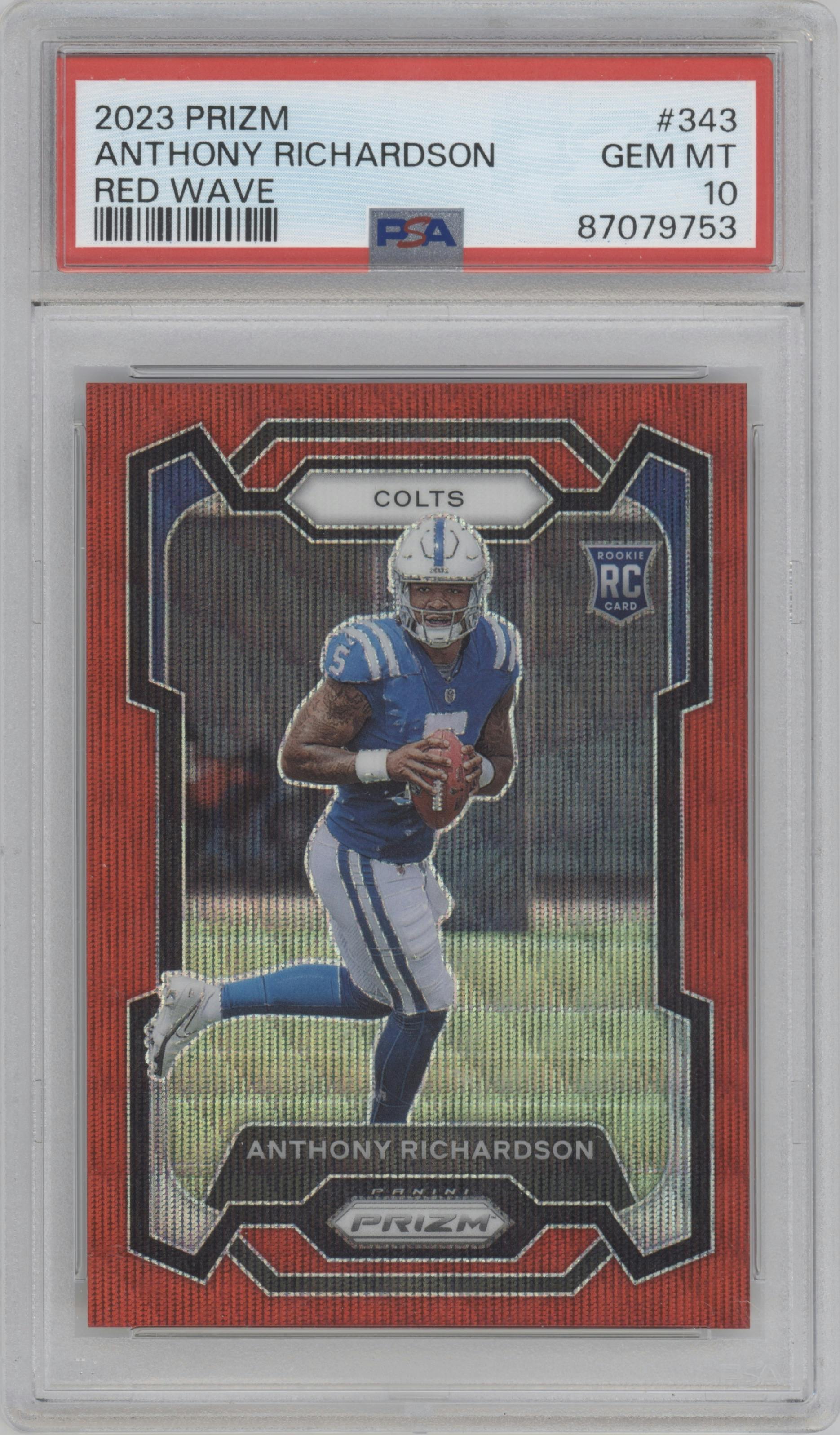 Anthony Richardson from the 2023 Panini Prizm set featuring a Red Wave parallel graded by PSA and given an overall grade of 10.