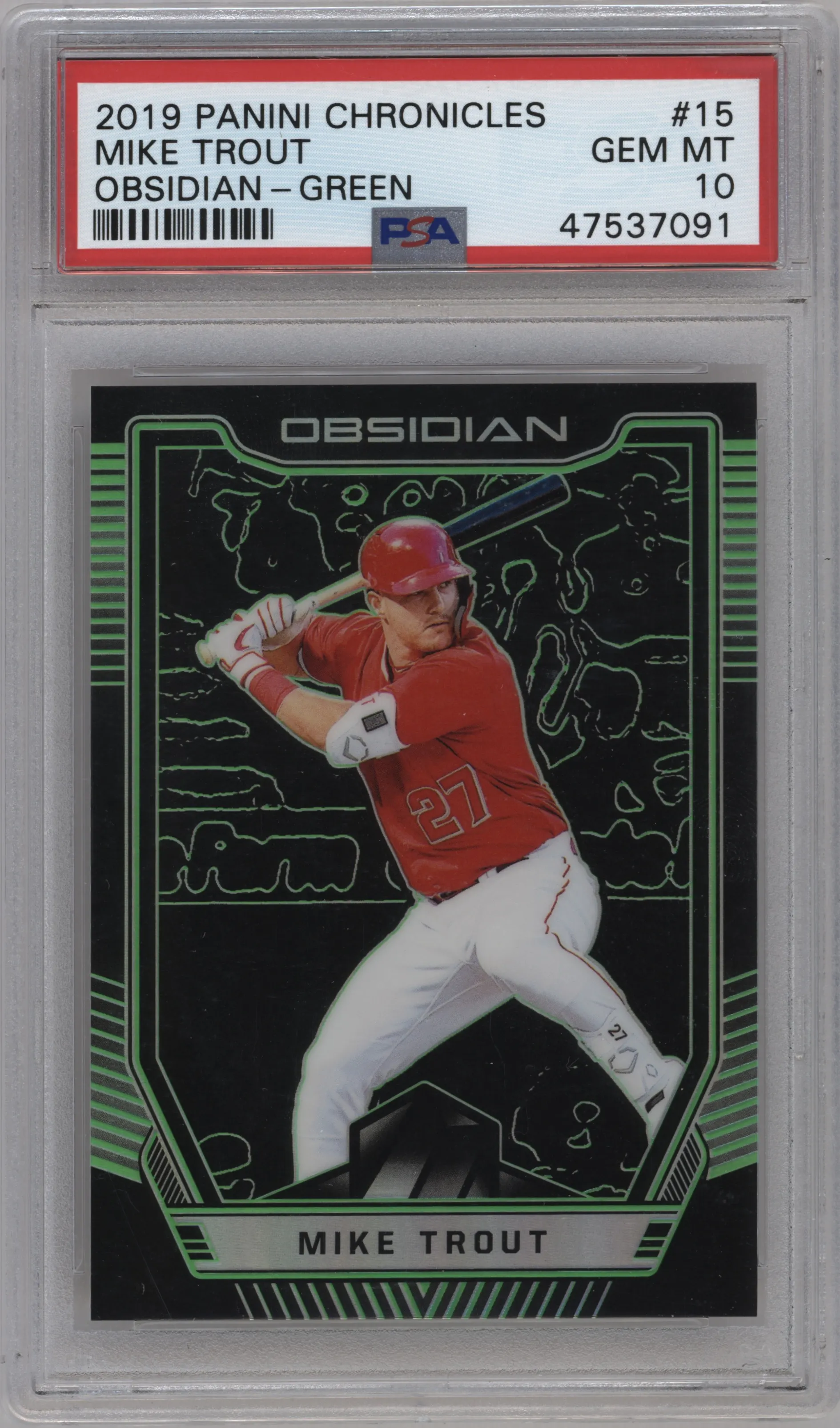 2019 Panini Chronicles Obsidian Mike Trout Electric Etch Green #15 PSA 10