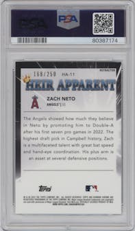 Zach Neto from the 2022 Bowman Draft set featuring a Refractor parallel graded by PSA and given an overall grade of 8.