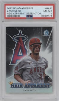 Zach Neto from the 2022 Bowman Draft set featuring a Refractor parallel graded by PSA and given an overall grade of 8.