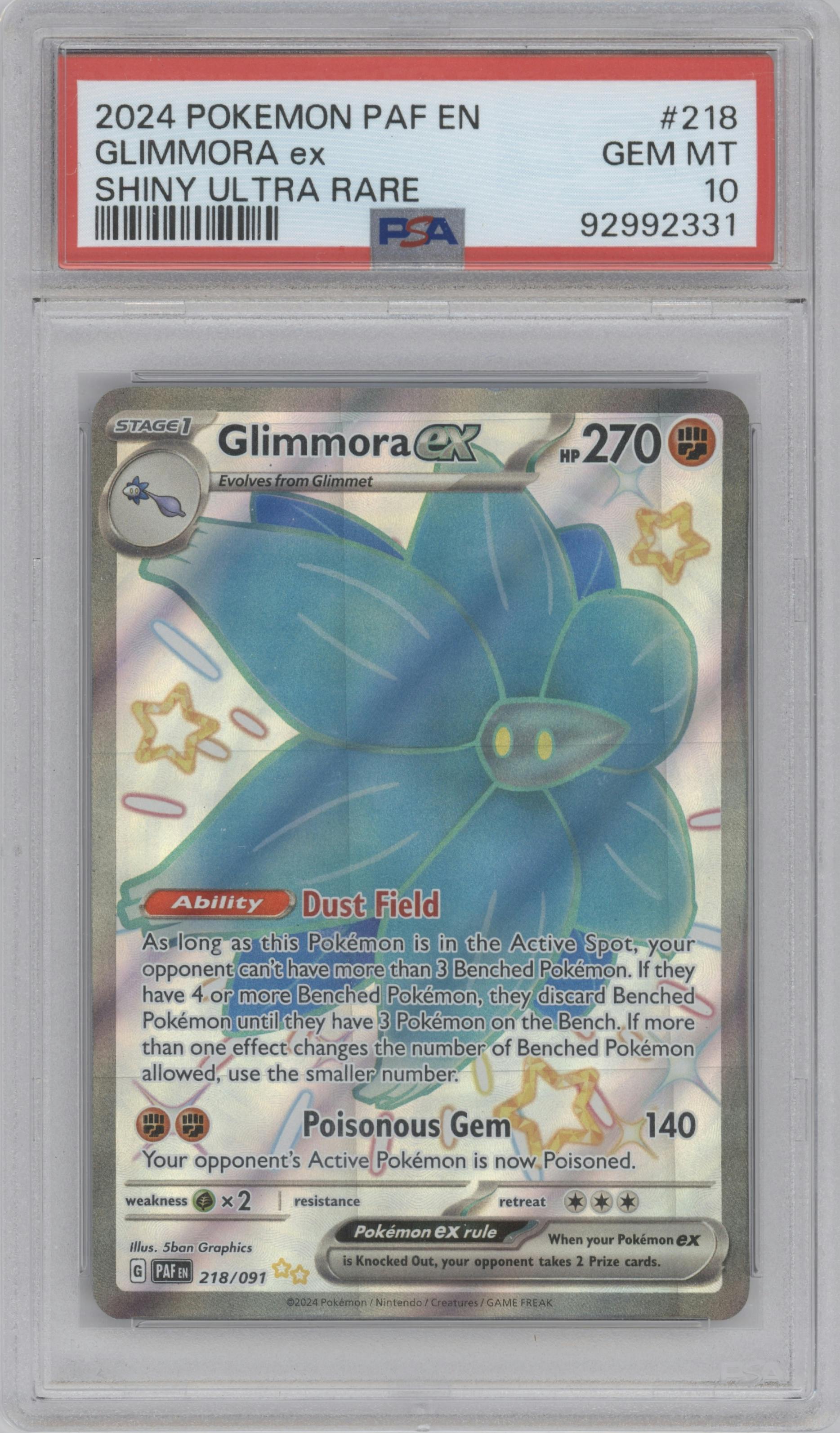 Glimmora ex from the 2024 Pokemon SV set graded by PSA and given an overall grade of 10.