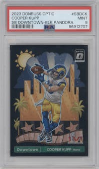 Cooper Kupp from the 2023 Donruss Optic set featuring a Black Pandora parallel graded by PSA and given an overall grade of 9.