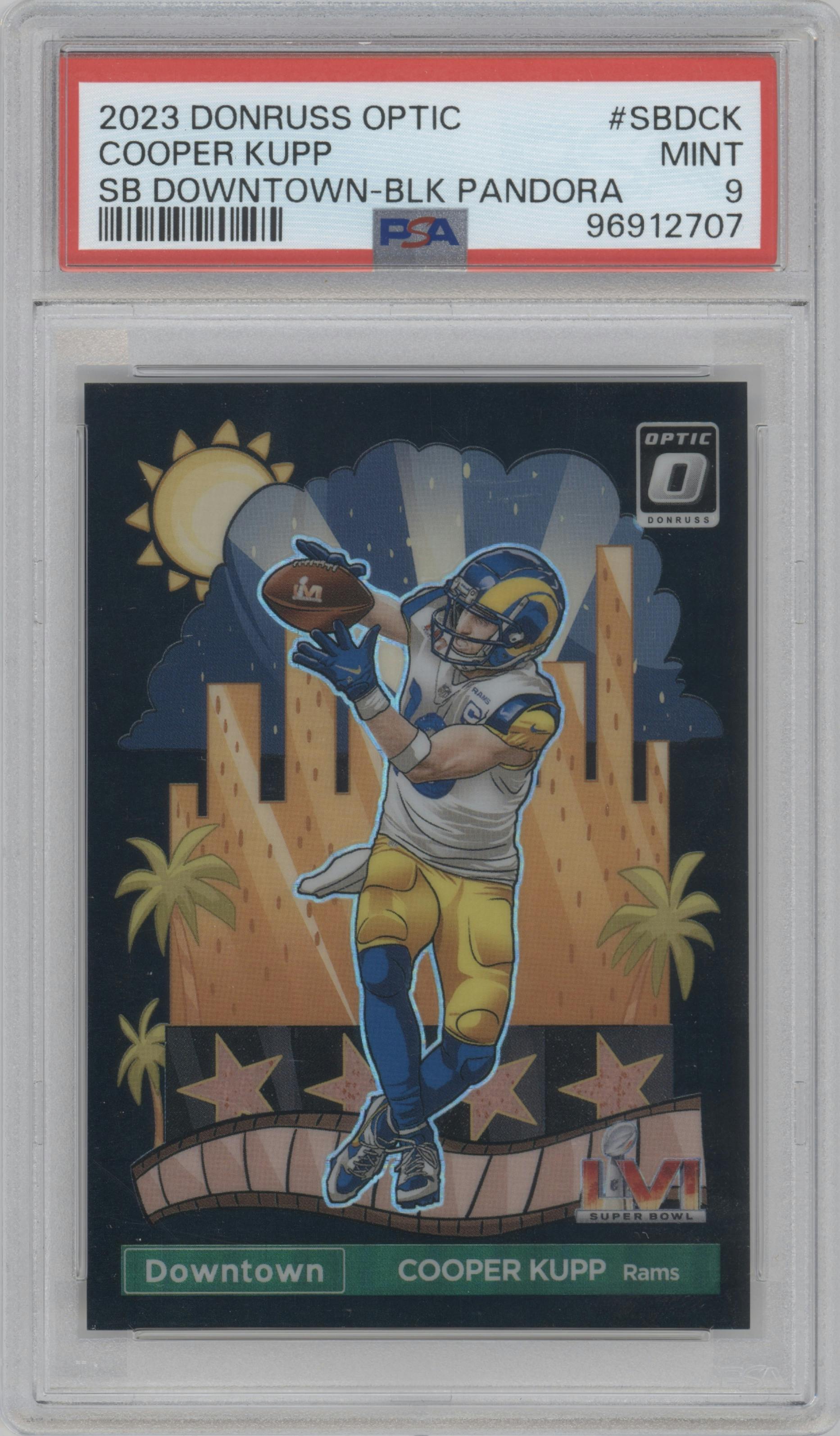 Cooper Kupp from the 2023 Donruss Optic set featuring a Black Pandora parallel graded by PSA and given an overall grade of 9.