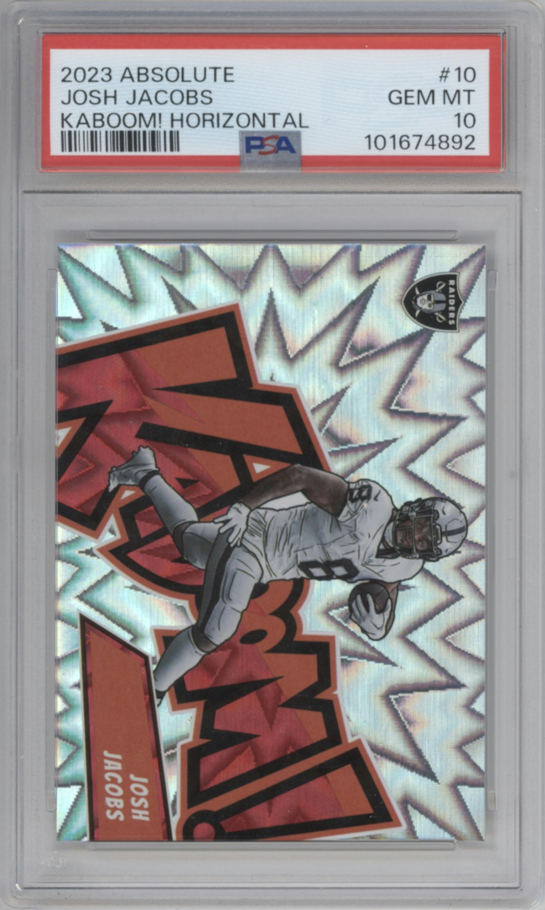 Josh Jacobs from the 2023 Panini Absolute set graded by PSA and given an overall grade of 10.