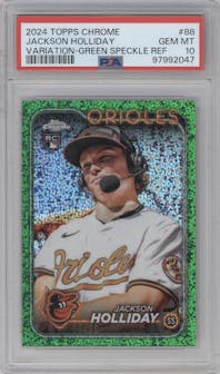 Jackson Holliday from the 2024 Topps Chrome set featuring a Green Speckle Refractors parallel graded by PSA and given an overall grade of 10.