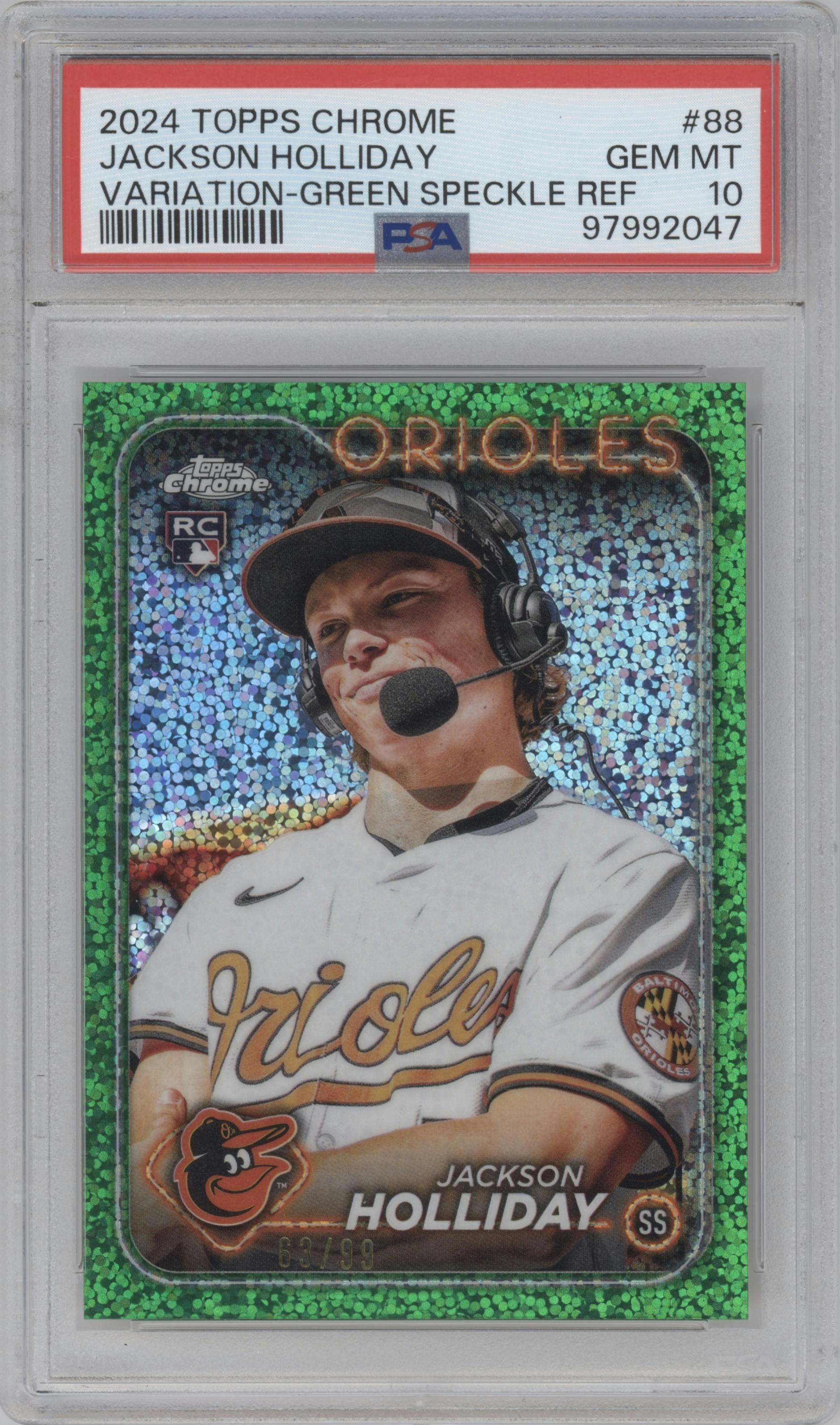 Jackson Holliday from the 2024 Topps Chrome set featuring a Green Speckle Refractors parallel graded by PSA and given an overall grade of 10.