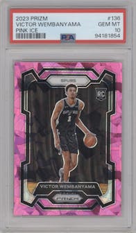 Victor Wembanyama from the 2023-24 Panini Prizm set featuring a Pink Ice parallel graded by PSA and given an overall grade of 10.
