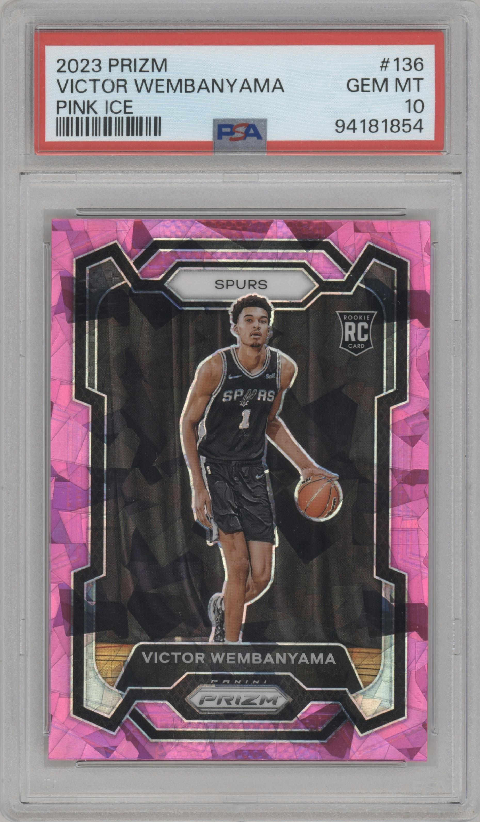 Victor Wembanyama from the 2023-24 Panini Prizm set featuring a Pink Ice parallel graded by PSA and given an overall grade of 10.