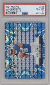 Malik Nabers from the 2024 Panini Mosaic set featuring a Reactive Blue parallel graded by PSA and given an overall grade of 10.