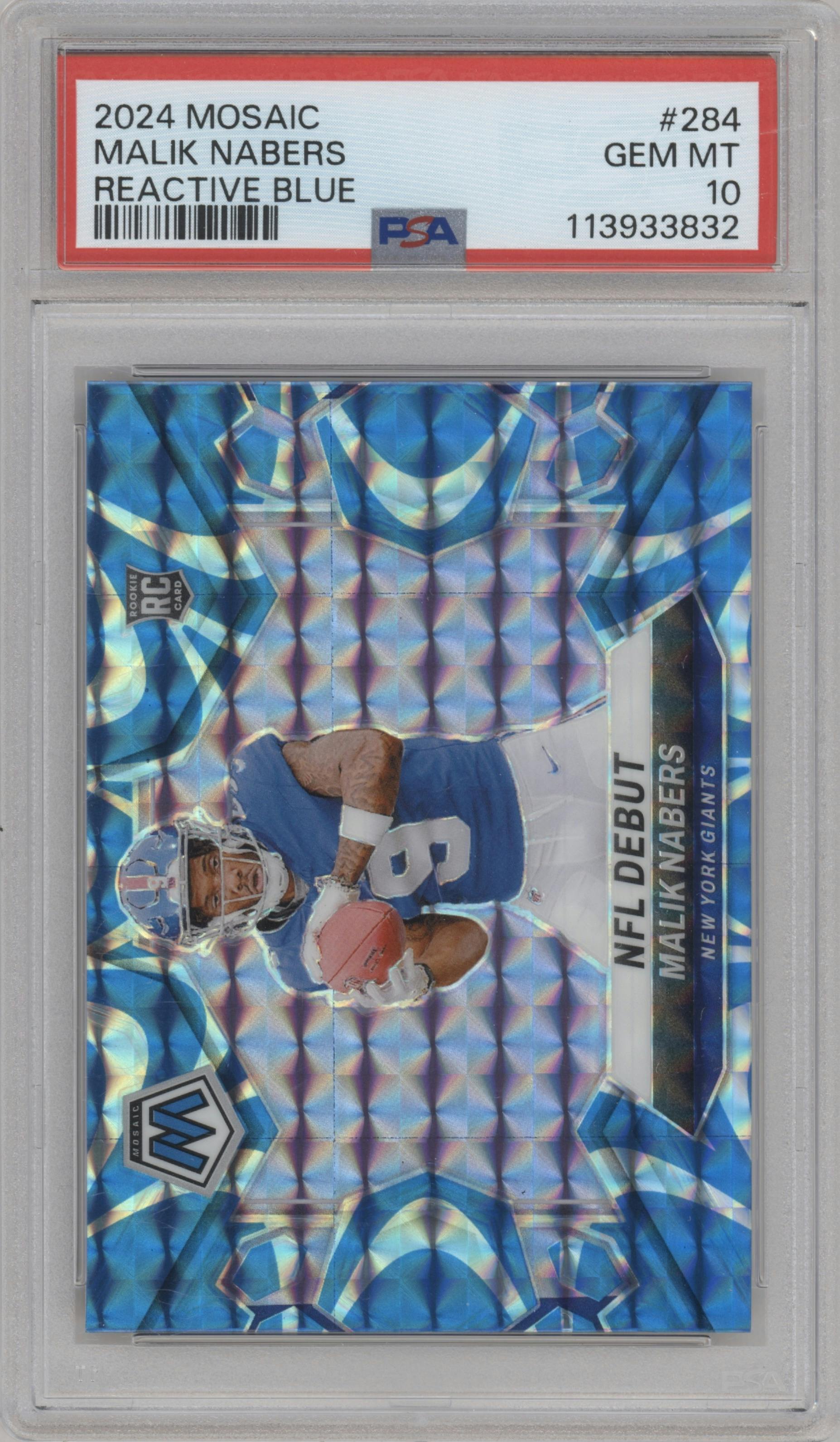Malik Nabers from the 2024 Panini Mosaic set featuring a Reactive Blue parallel graded by PSA and given an overall grade of 10.