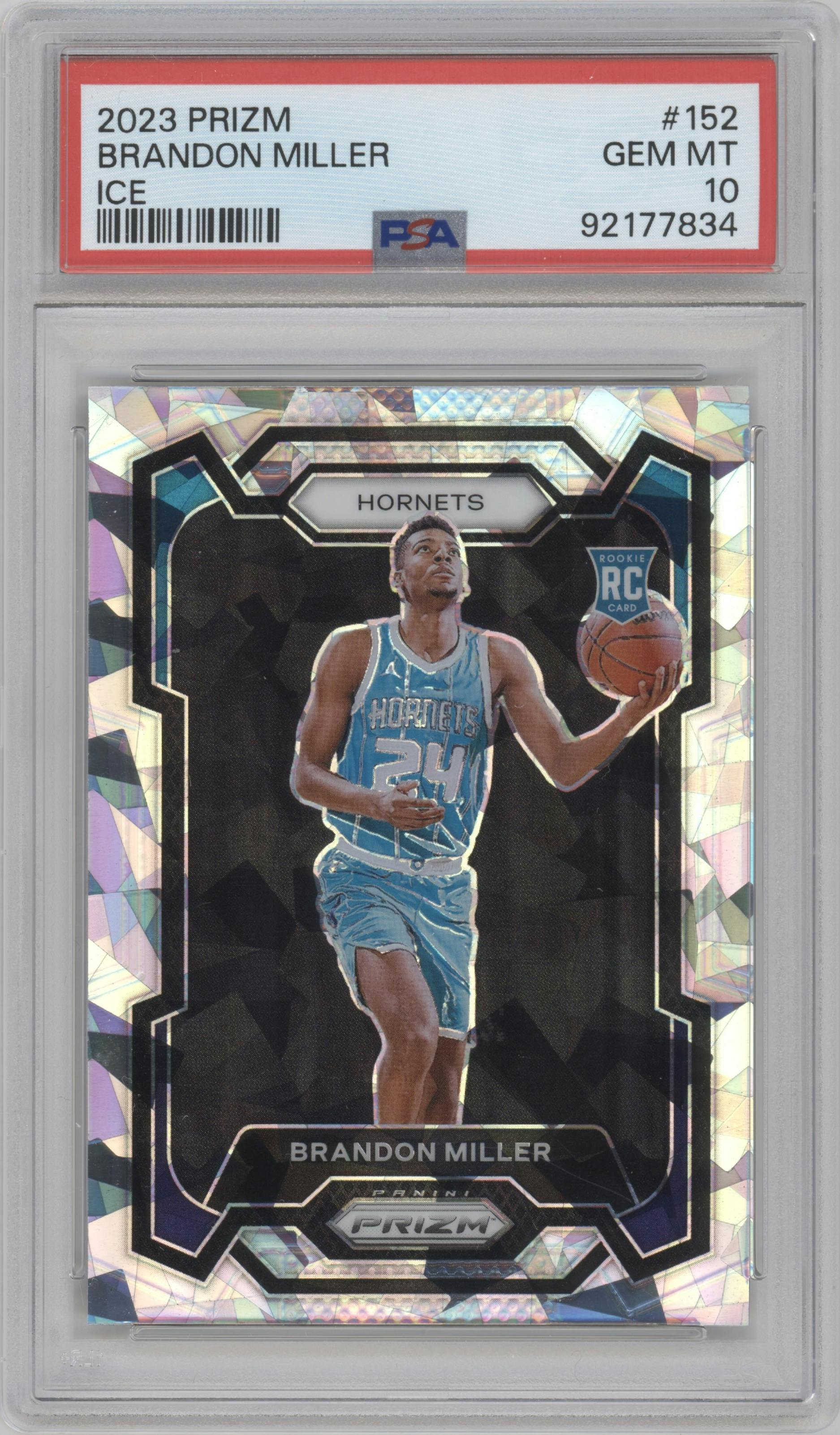 Brandon Miller from the 2023-24 Panini Prizm set featuring a Ice Prizm parallel graded by PSA and given an overall grade of 10.