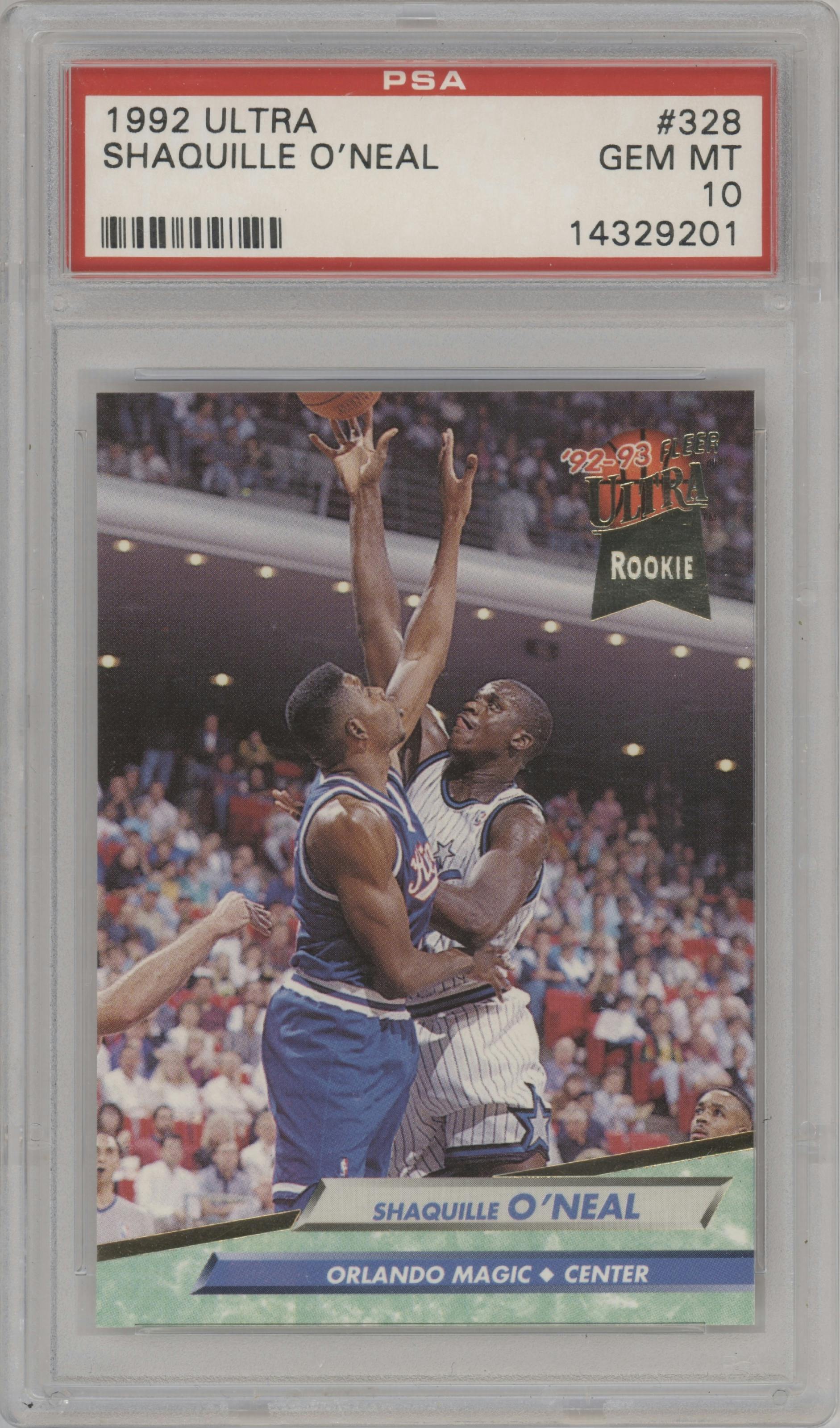 Shaquille O’Neal from the 1992-93 Fleer Ultra set graded by PSA and given an overall grade of 10.