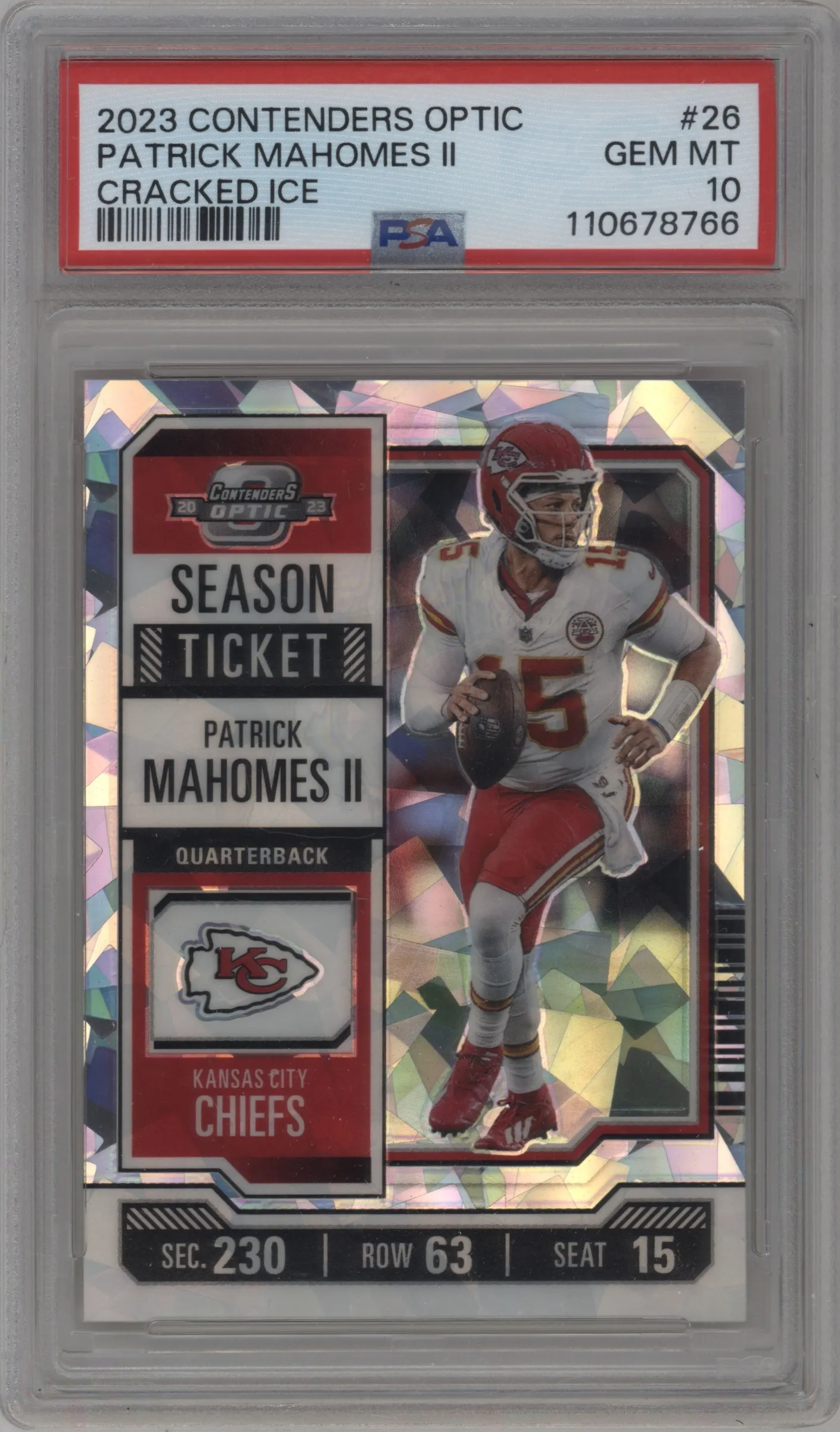 2023 Panini Contenders Optic Patrick Mahomes II Cracked Ice #26 PSA 10