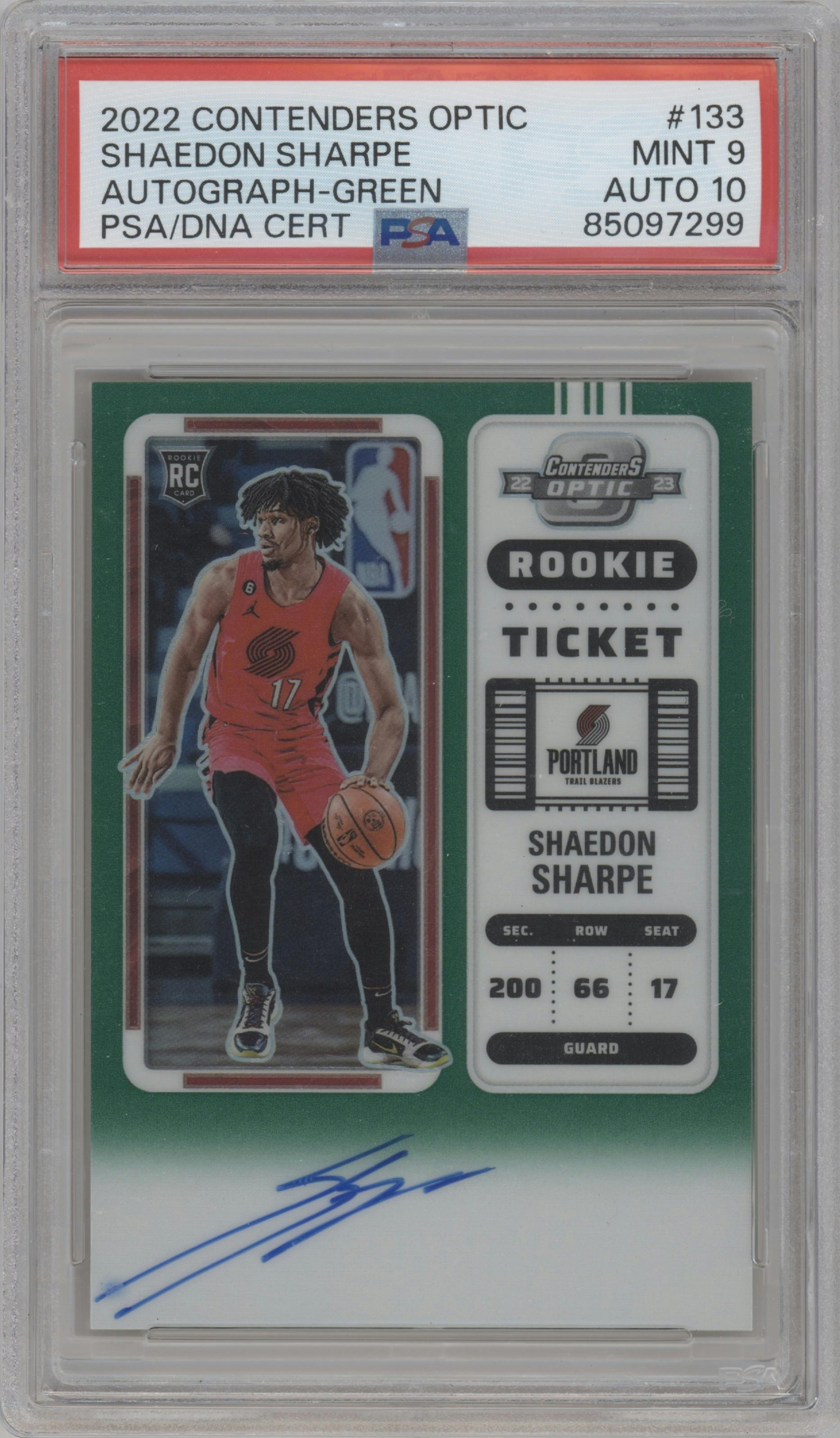 Shaedon Sharpe from the 2022-23 Panini Contenders Optic set featuring a Green parallel graded by PSA and given an overall grade of 9.