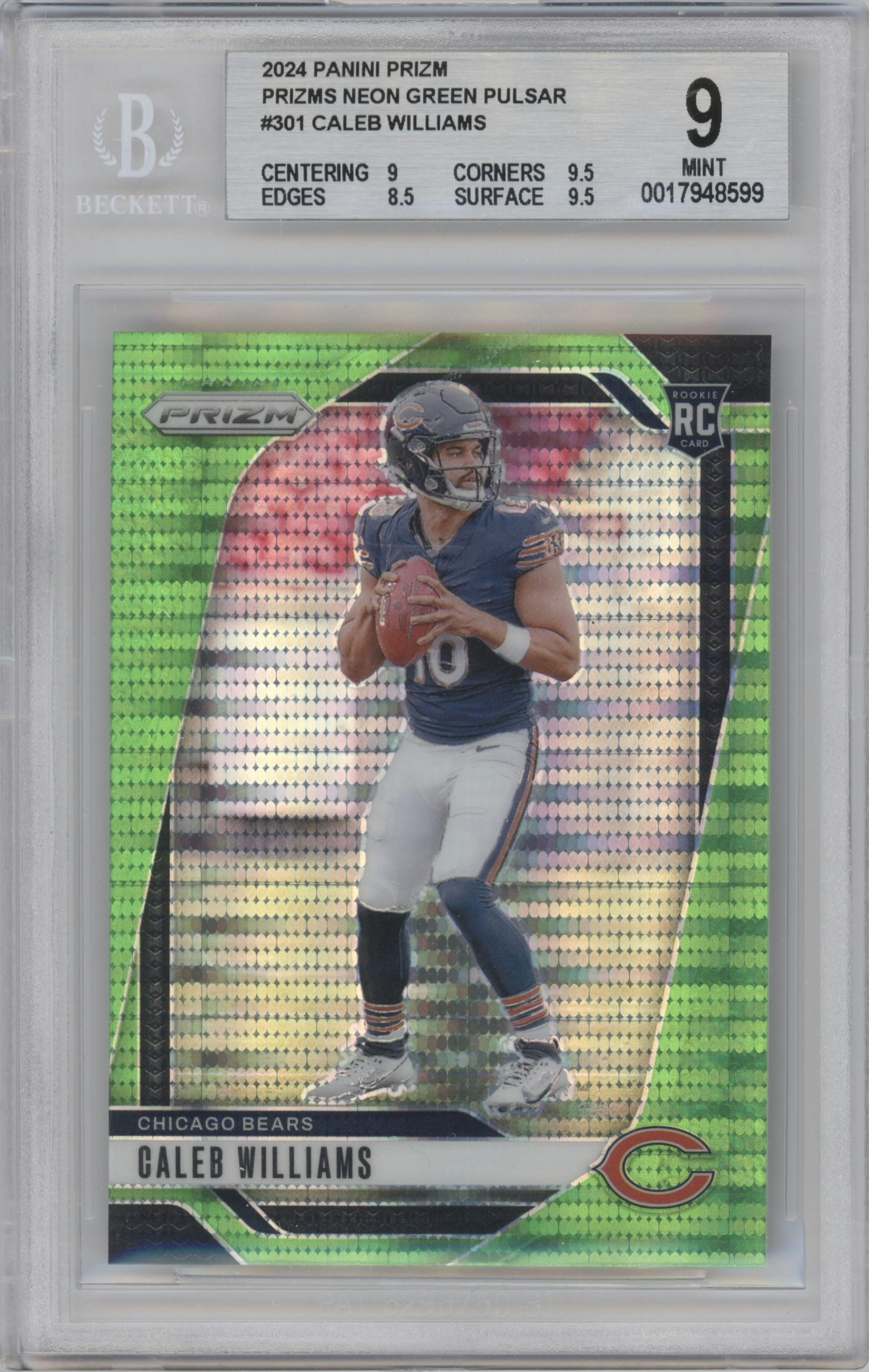 Caleb Williams from the 2024 Panini Prizm set featuring a Neon Green Pulsar  parallel graded by Beckett and given an overall grade of 9.