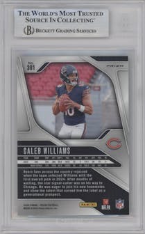 Caleb Williams from the 2024 Panini Prizm set featuring a Neon Green Pulsar  parallel graded by Beckett and given an overall grade of 9.