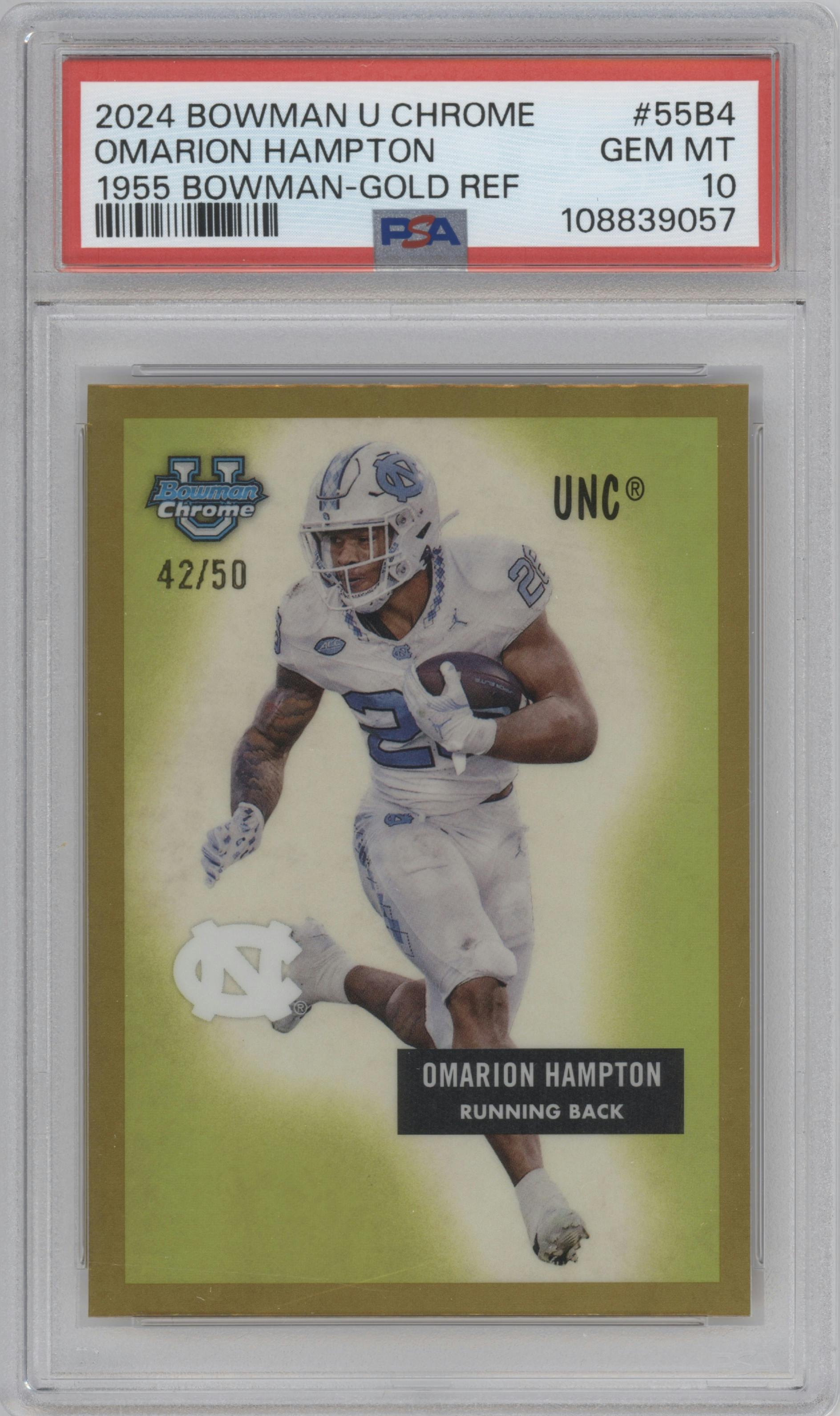Omarion Hampton from the 2024 Bowman Chrome University set featuring a Gold Refractor parallel graded by PSA and given an overall grade of 10.