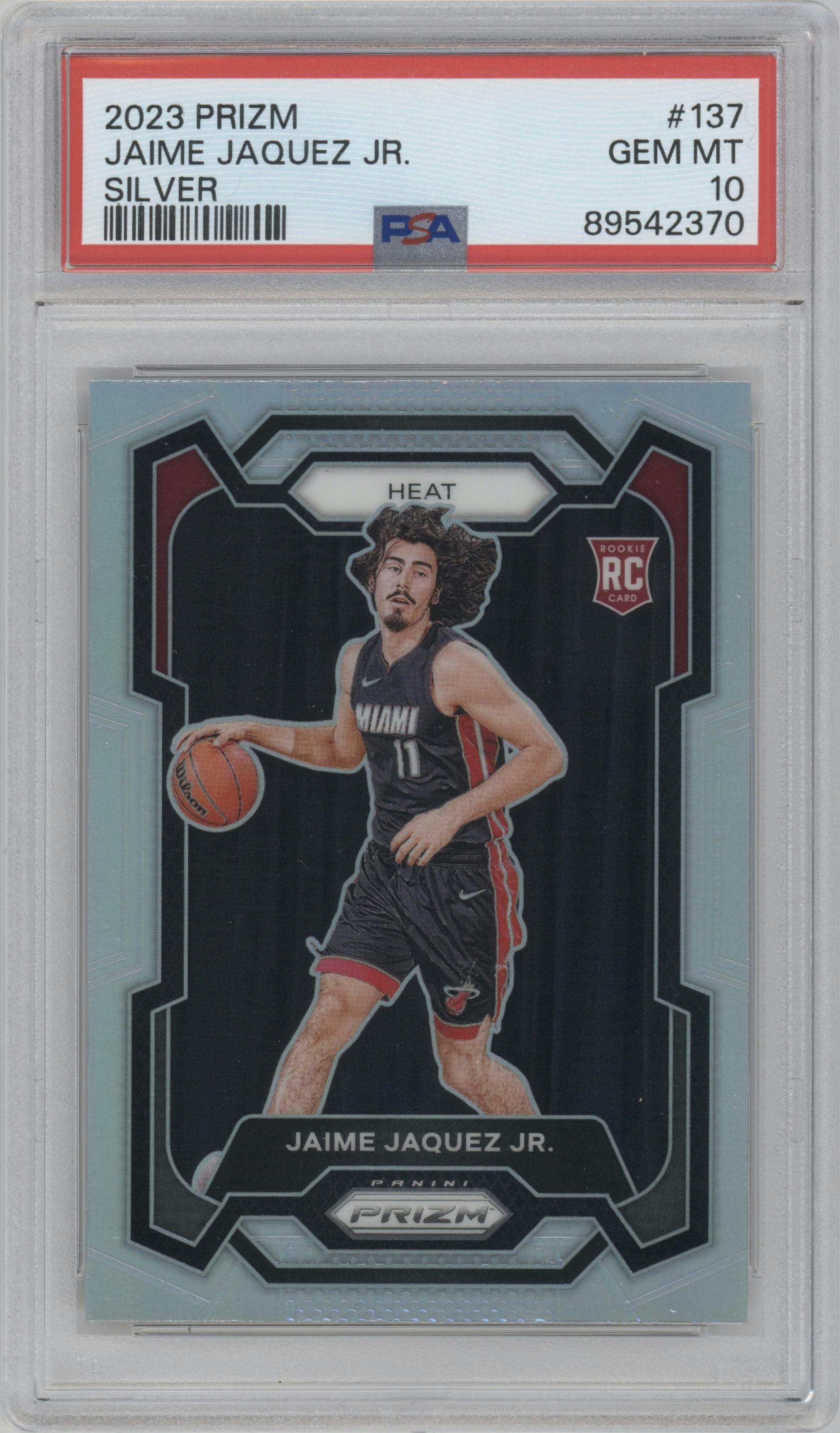 Jaime Jaquez Jr. from the 2023-24 Panini Prizm set featuring a Silver Prizm  parallel graded by PSA and given an overall grade of 10.