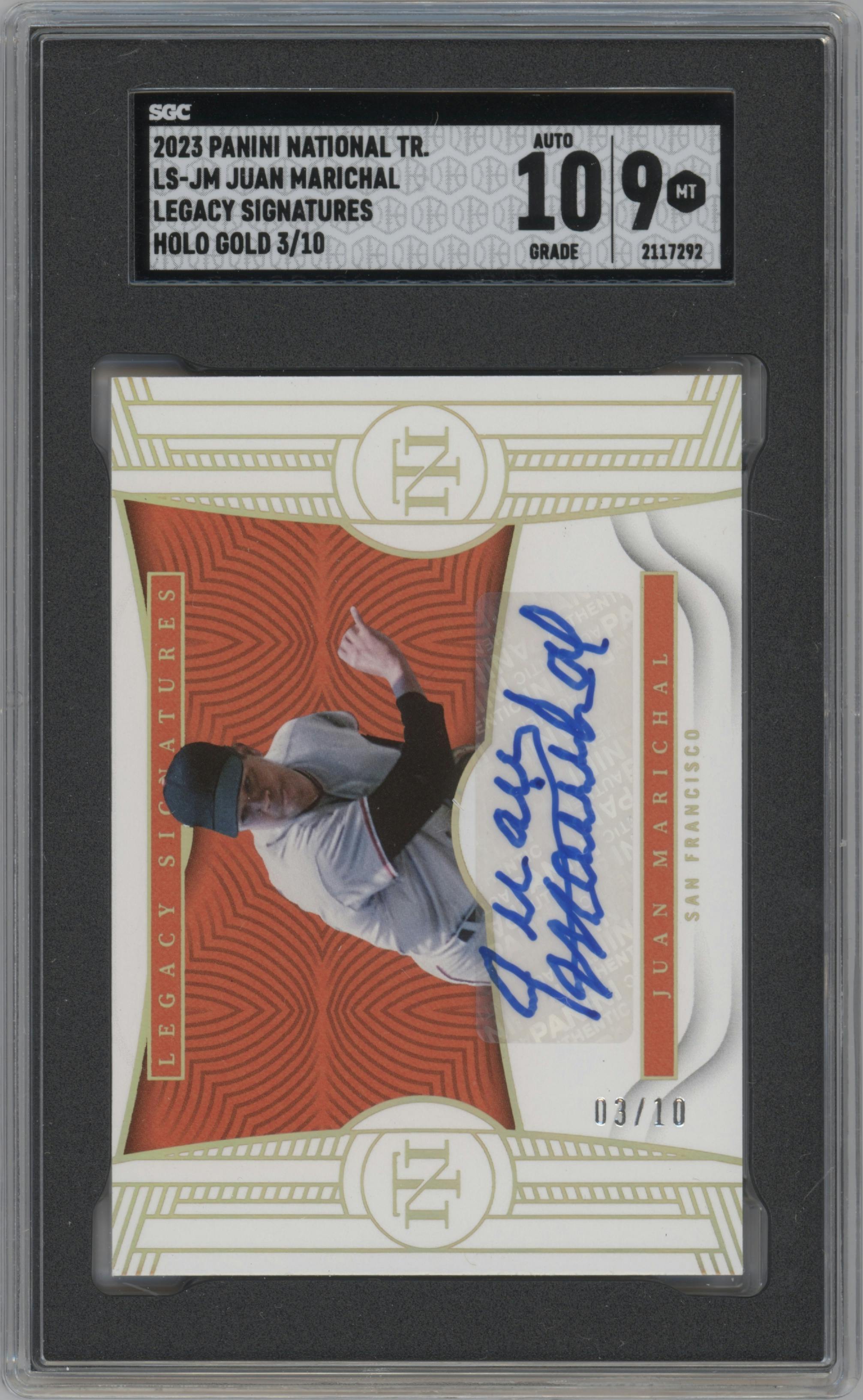 Juan Marichal from the 2023 Panini National Treasures set featuring a Holo Gold parallel graded by SGC and given an overall grade of 9.