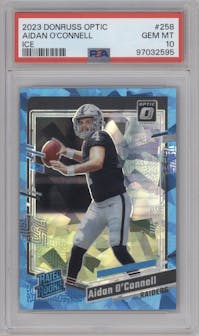 Aidan O'Connell from the 2023 Donruss Optic set featuring a Ice parallel graded by PSA and given an overall grade of 10.