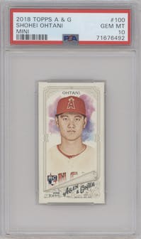 Shohei Ohtani from the 2018 Topps Allen & Ginter set featuring a Mini parallel graded by PSA and given an overall grade of 10.