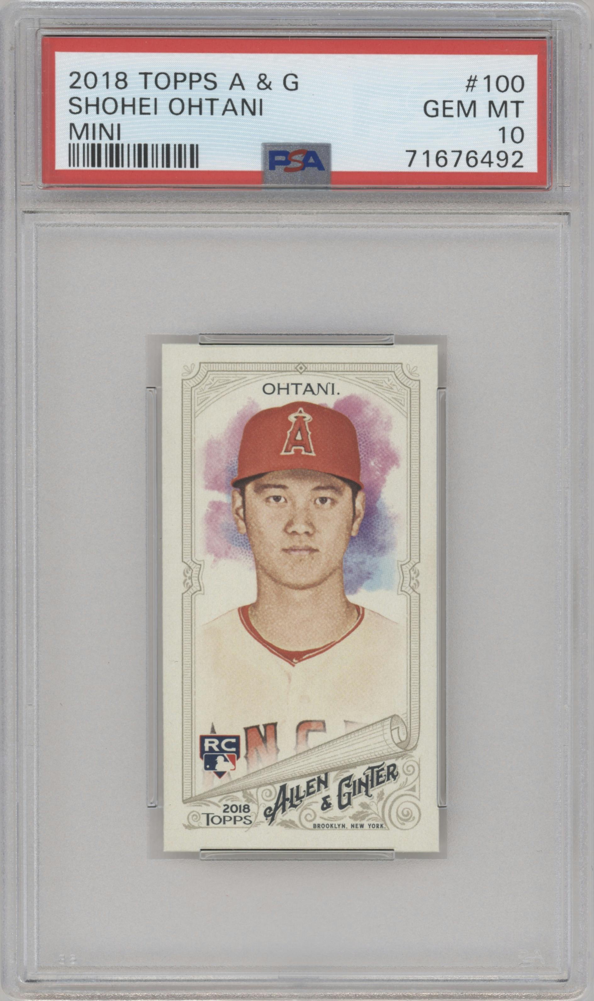 Shohei Ohtani from the 2018 Topps Allen & Ginter set featuring a Mini parallel graded by PSA and given an overall grade of 10.