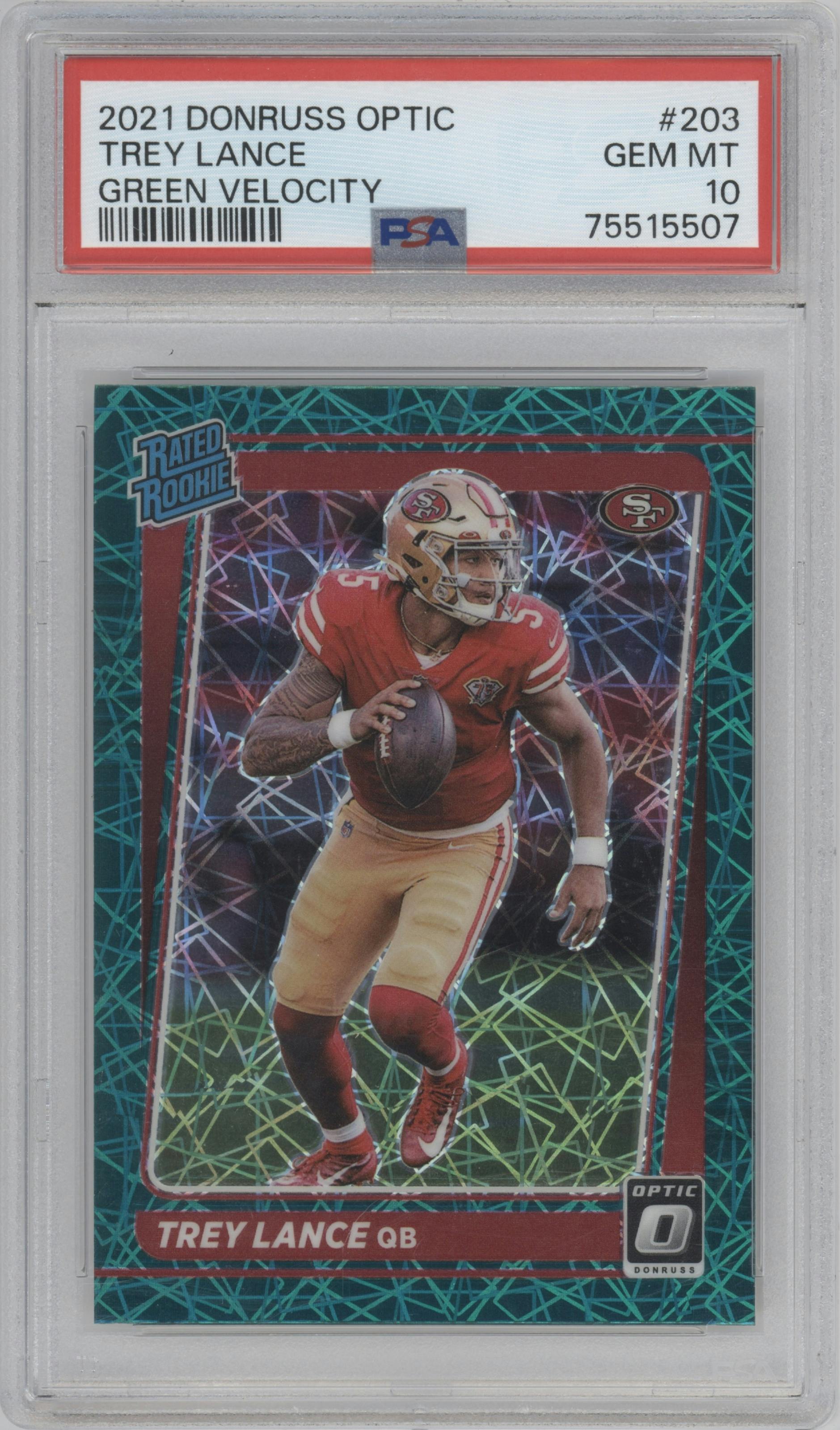 Trey Lance from the 2021 Panini Donruss Optic set featuring a Green Velocity parallel graded by PSA and given an overall grade of 10.