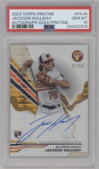 Jackson Holliday from the 2024 Topps Pristine set featuring a Gold Pristine Refractor parallel graded by PSA and given an overall grade of 10.