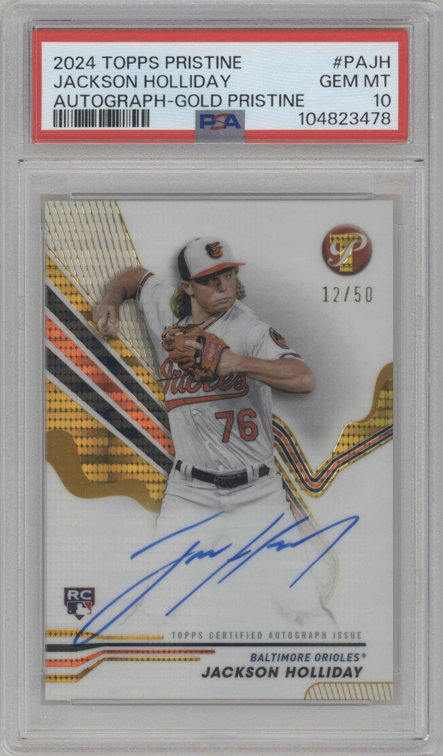 Jackson Holliday from the 2024 Topps Pristine set featuring a Gold Pristine Refractor parallel graded by PSA and given an overall grade of 10.