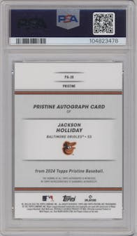 Jackson Holliday from the 2024 Topps Pristine set featuring a Gold Pristine Refractor parallel graded by PSA and given an overall grade of 10.