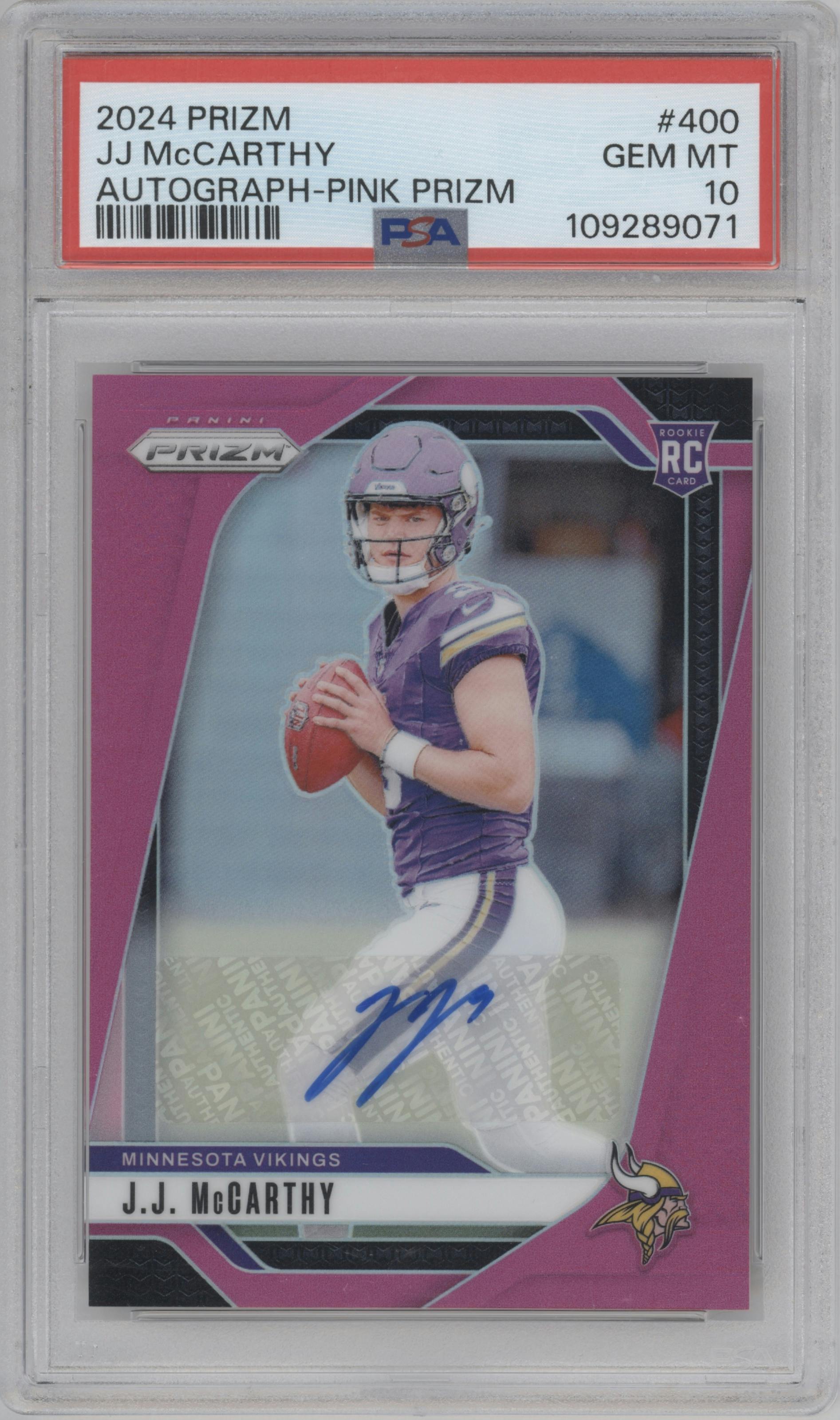 J.J. McCarthy from the 2024 Panini Prizm set featuring a Pink Prizm parallel graded by PSA and given an overall grade of 10.