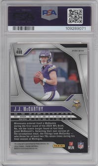 J.J. McCarthy from the 2024 Panini Prizm set featuring a Pink Prizm parallel graded by PSA and given an overall grade of 10.
