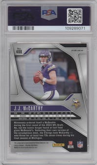 J.J. McCarthy from the 2024 Panini Prizm set featuring a Pink Prizm parallel graded by PSA and given an overall grade of 10.