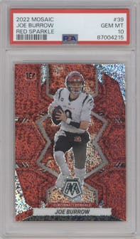 Joe Burrow from the 2022 Panini Mosaic set featuring a Red Sparkle parallel graded by PSA and given an overall grade of 10.