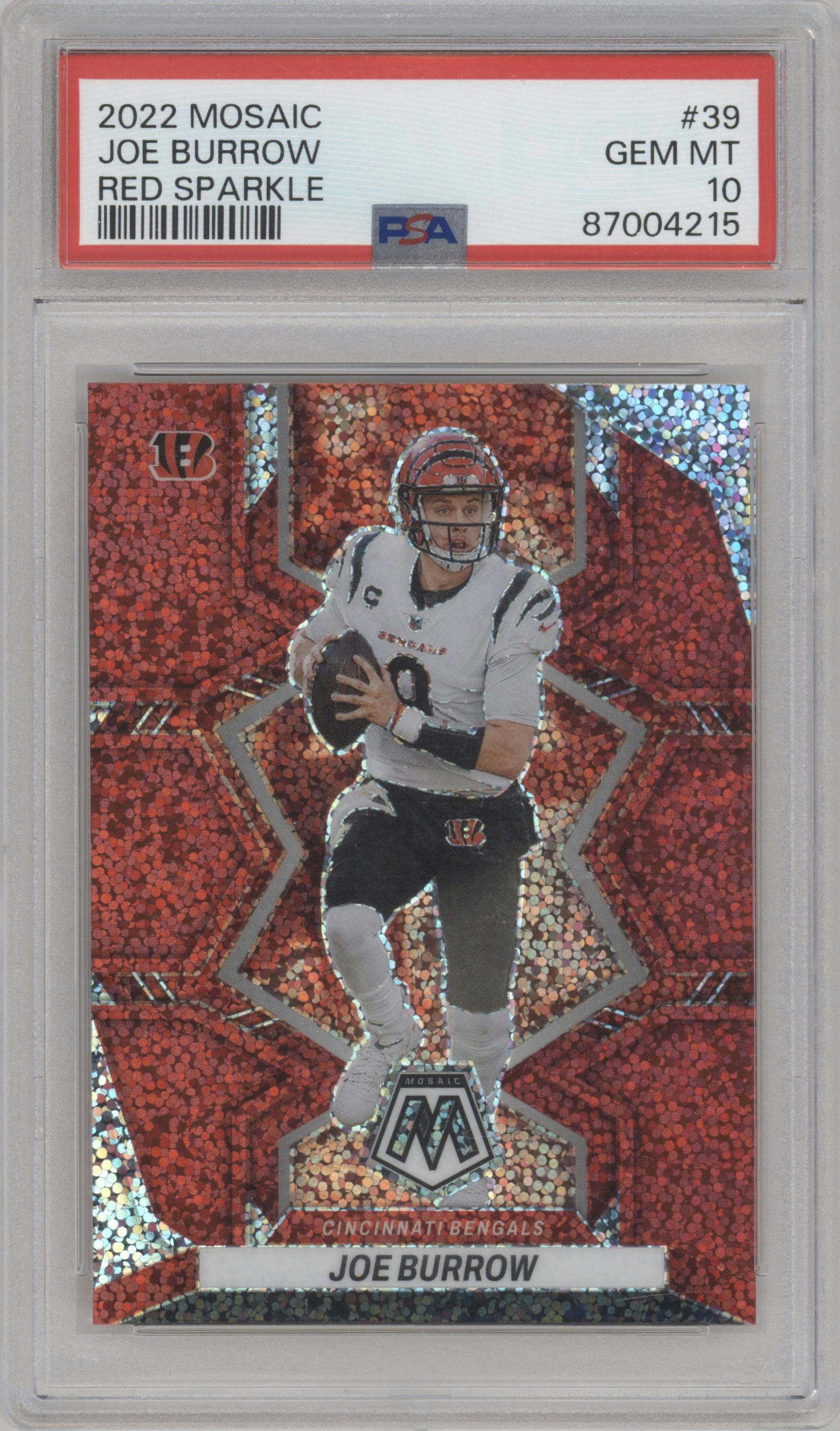 Joe Burrow from the 2022 Panini Mosaic set featuring a Red Sparkle parallel graded by PSA and given an overall grade of 10.