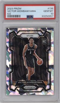 Victor Wembanyama from the 2023-24 Panini Prizm set featuring a Ice Prizm parallel graded by PSA and given an overall grade of 10.