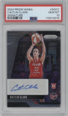 Caitlin Clark from the 2024 Panini Prizm WNBA set graded by PSA and given an overall grade of 10.