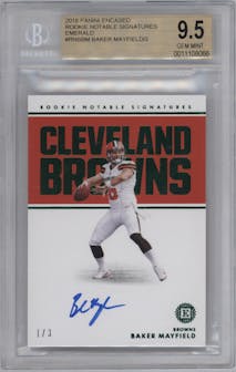 Baker Mayfield from the 2018 Panini Encased set featuring a Emerald parallel graded by Beckett and given an overall grade of 9.5.